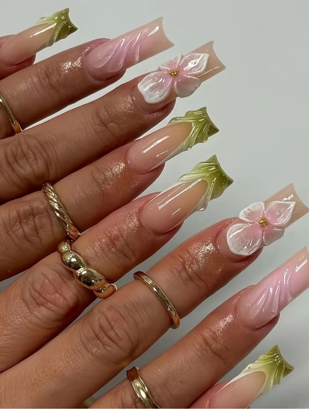 Pink & Green Floral Press On Nails - Women Makeup